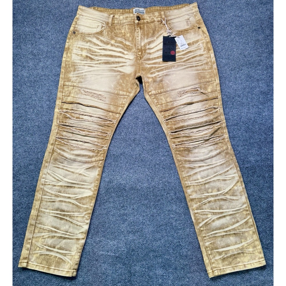 Smoke Rise JP7610 Moto Biker Jeans Mens 44x32 Distressed Streetwear Tan NWT
